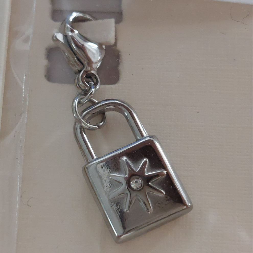 charm ou breloque avec un petit fermoir pour ajouter à un collier où à un bracelet en accumulation personnalisé. il represente un cadenas argent et son petit brillant en acier inoxydable sur carry le rouet