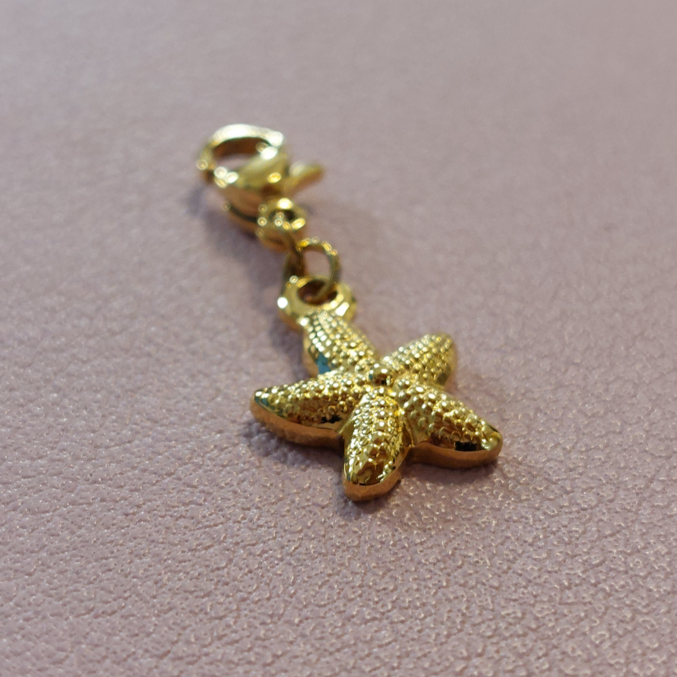 charm ou breloque avec un petit fermoir pour ajouter à un collier où à un bracelet en accumulation personnalisé. il represente une étoile de mer dorée en acier inoxydable sur aix en provence