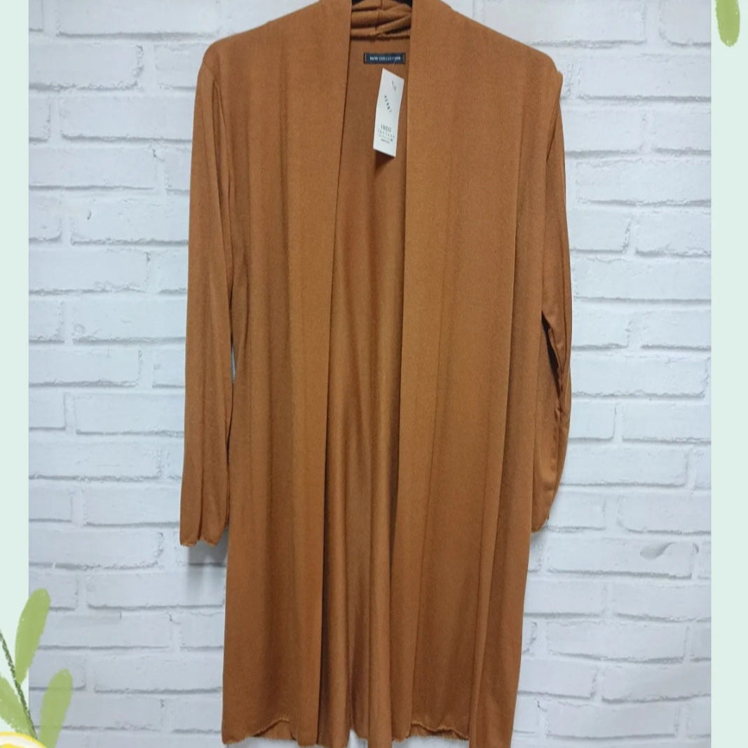 Gilet long DANDI femme en maille jersey extensible - Vue de face en camel