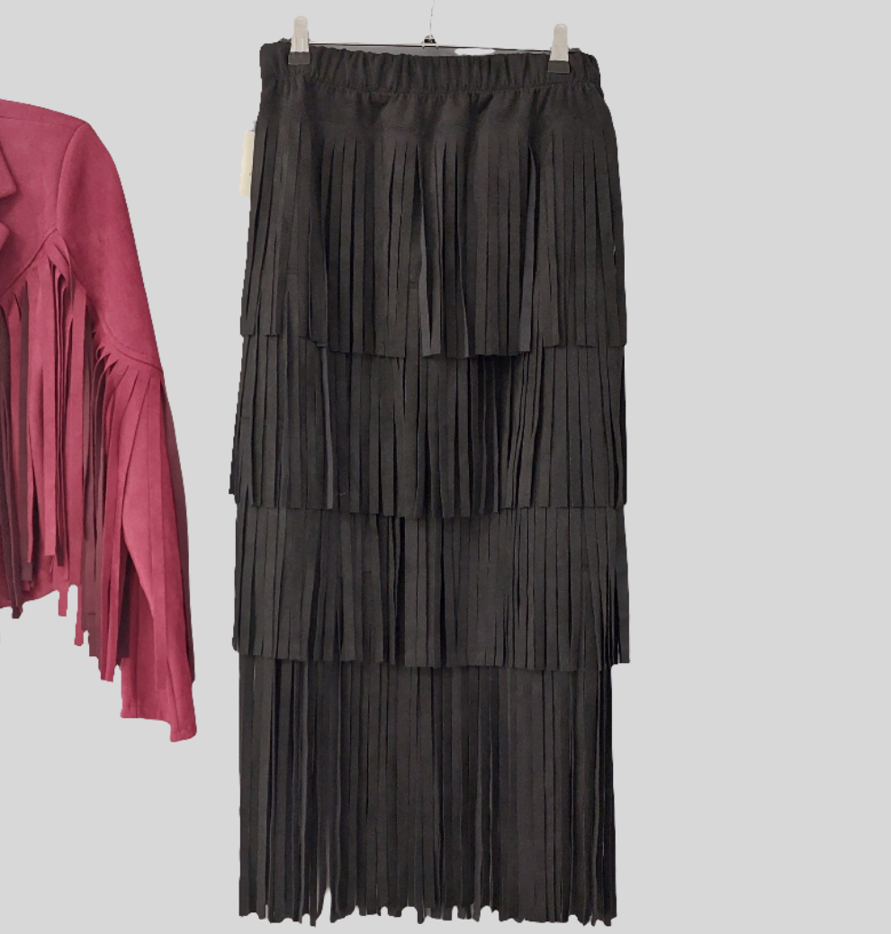 Jupe Longue MONICA Suédine à Franges - Taille Élastiquée 34/40 - Style Bohème Chic