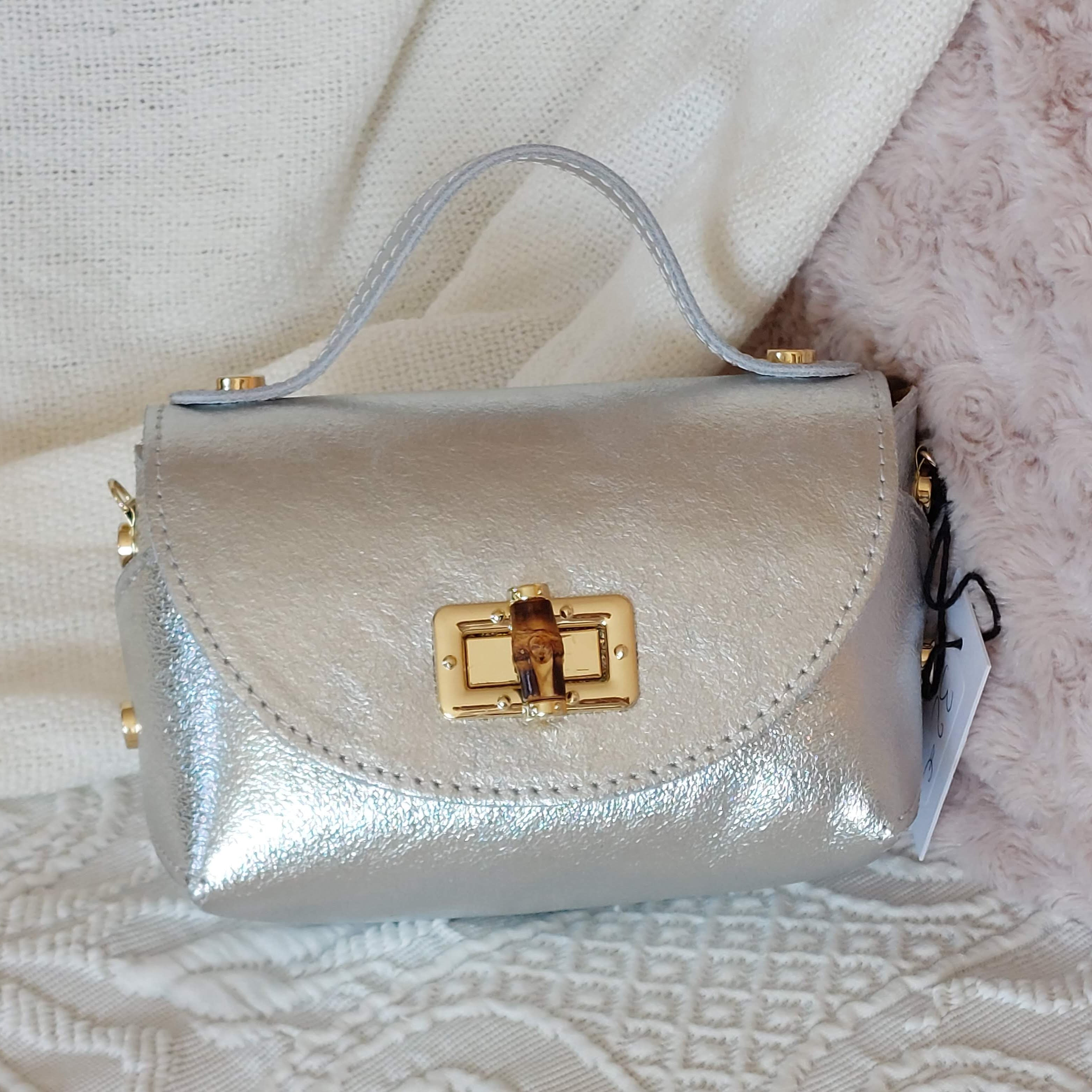 Minaudière Monaco cuir argenté brillant - Vue de face avec chaînette dorée"