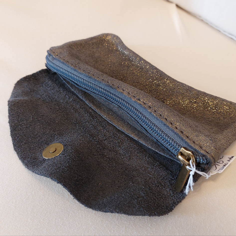 Portefeuille Tomari cuir irisé anthracite ouvert - 2 compartiments zip et pression