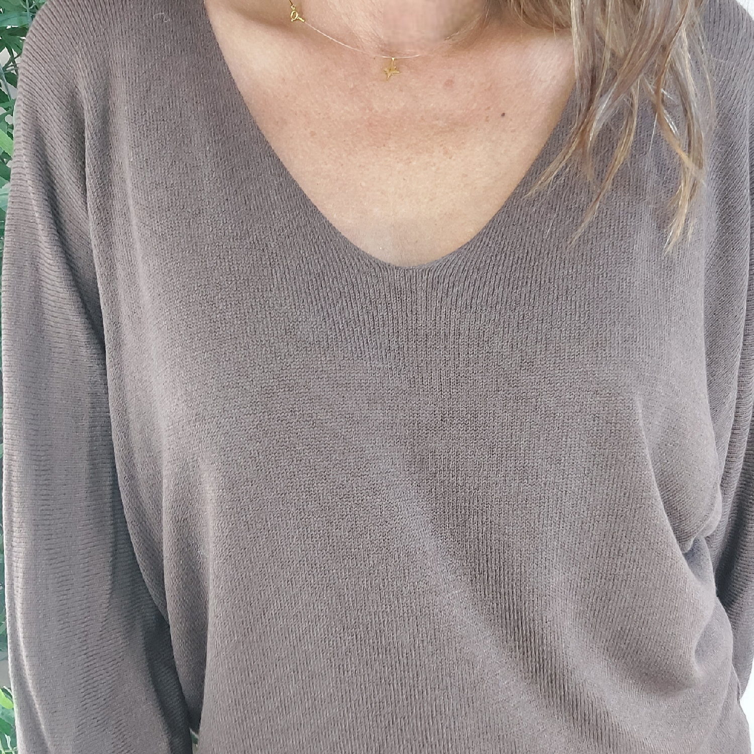 Pull MIREILLE marron col V oversized modal acrylique femme, best-seller ineva