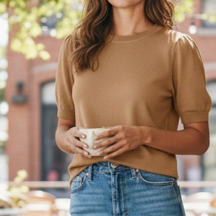 Pull REN femme manches courtes couleur camel beige