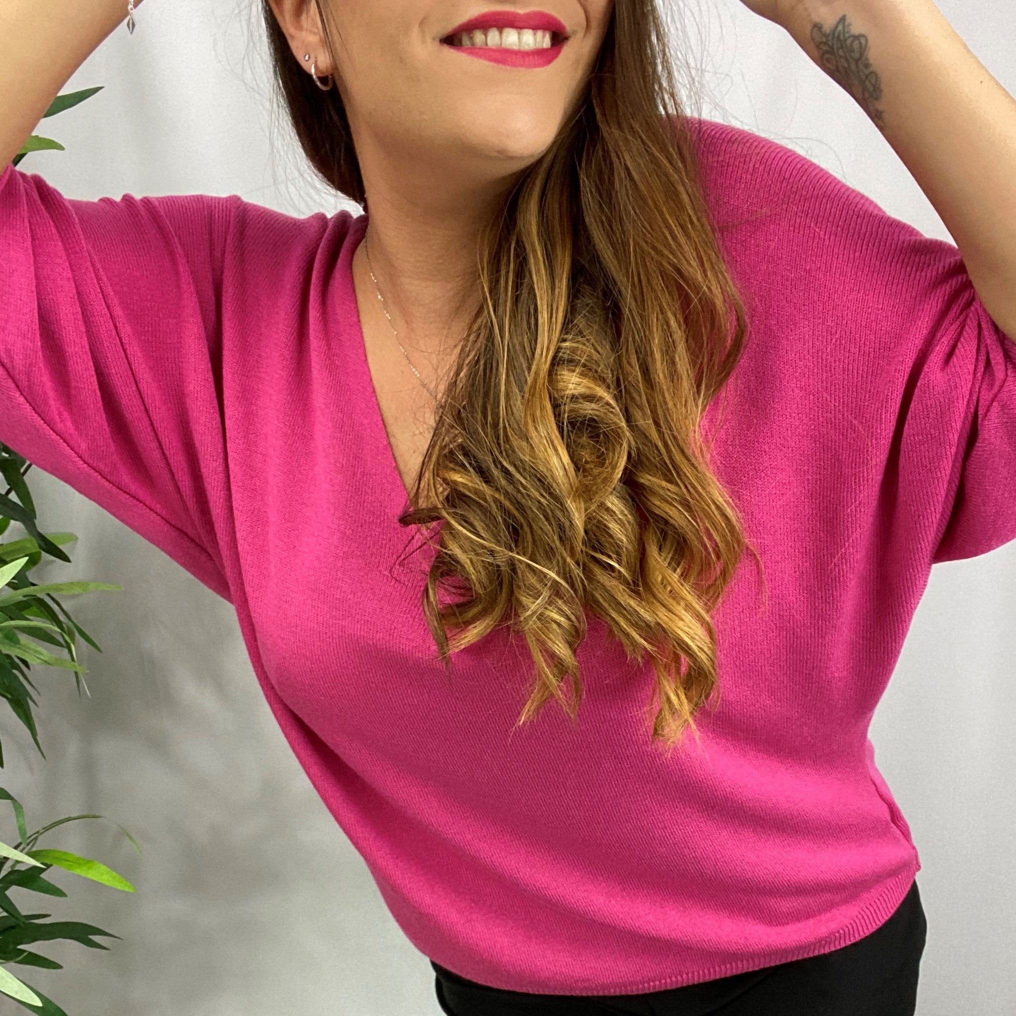 Pull MIREILLE fuchsia col V oversized modal acrylique femme, best-seller ineva"