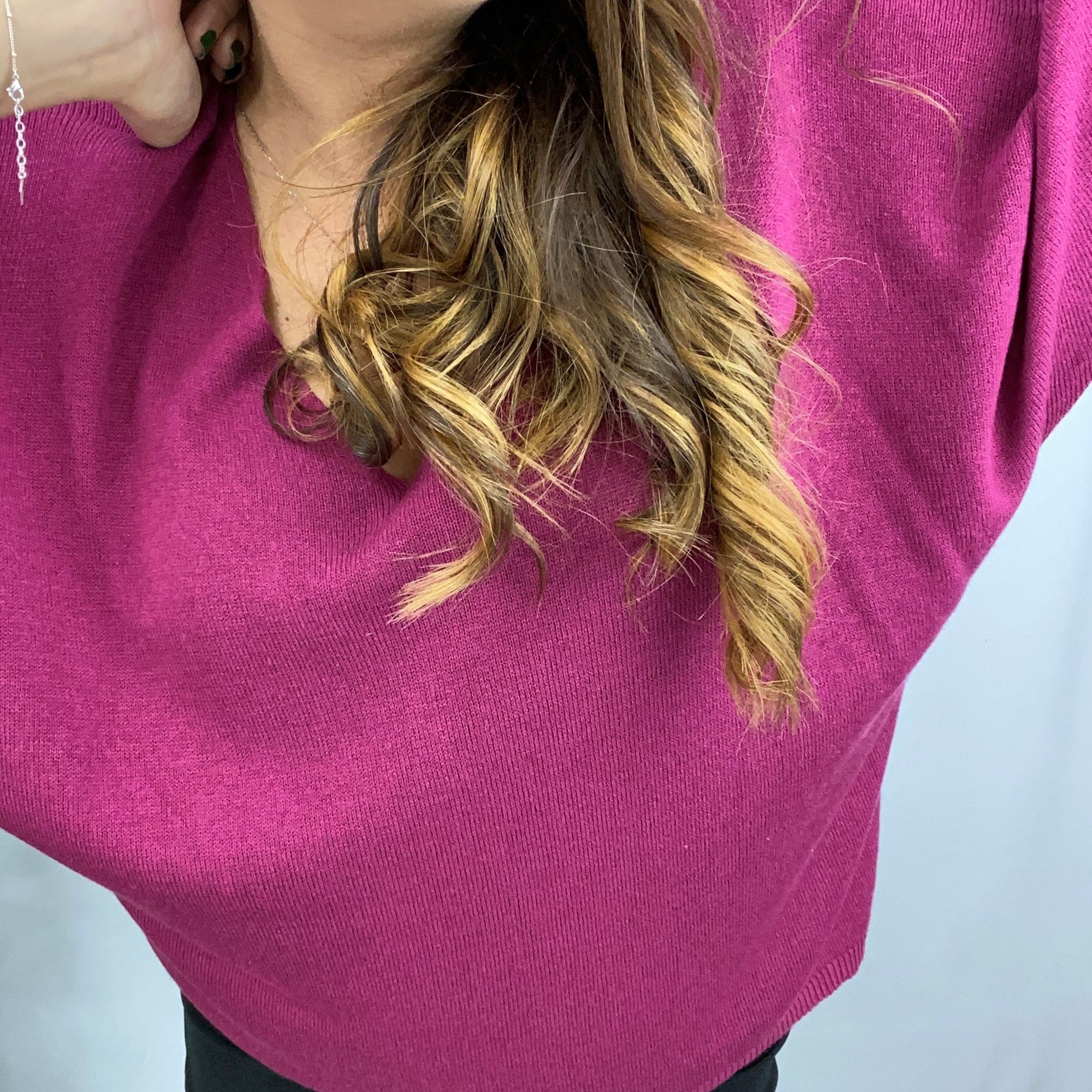 Pull MIREILLE rose blush col V oversized modal acrylique femme, best-seller ineva