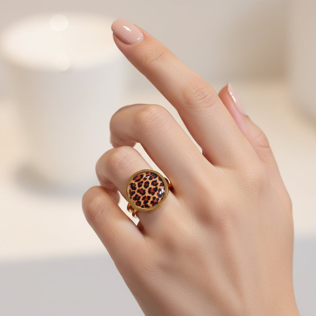 Bague Ani - Bague Réglable Acier Inoxydable Doré Motif Léopard
