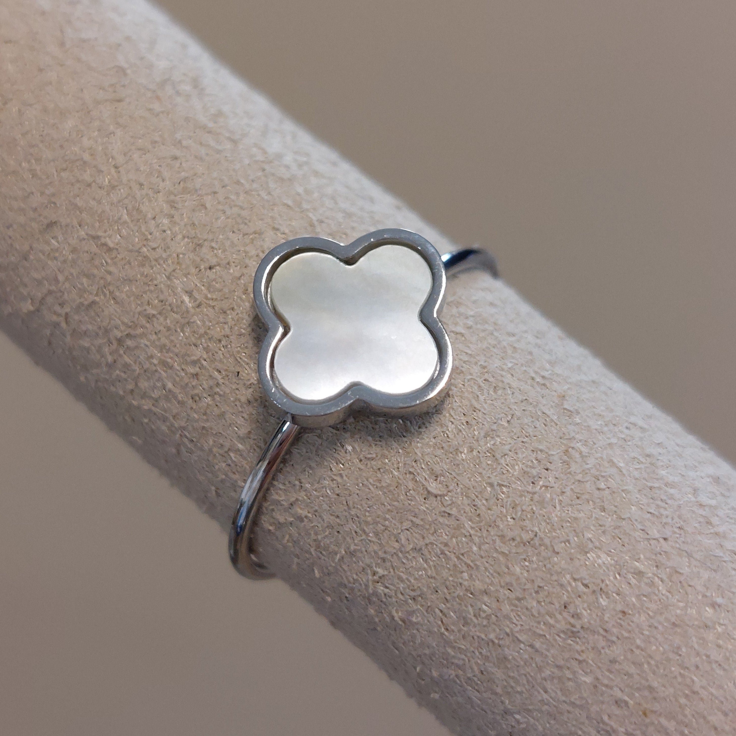 Bague Plata - Bague Réglable Acier Inoxydable Argenté Trèfle Nacré