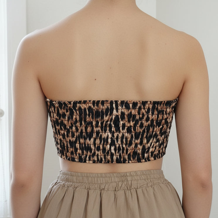 Bandeau crop top Félin Smocké Imprimé Léopard – Pointe Avant, Taille Unique 34-40