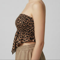 Bandeau Felin smocké imprimé léopard camel – vue de côté, pointe avant et silhouette