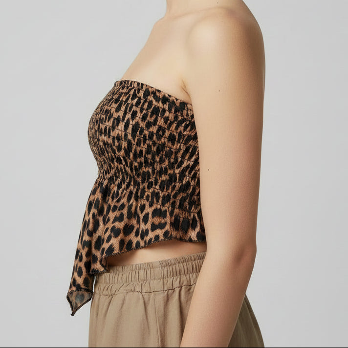 Bandeau Felin smocké imprimé léopard camel – vue de côté, pointe avant et silhouette