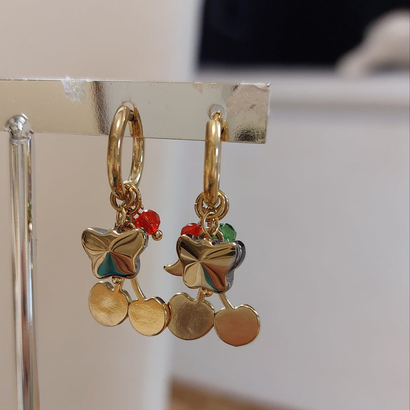 Boucles d'Oreilles Soweto Créoles Acier Inoxydable Breloques Papillons Cerises