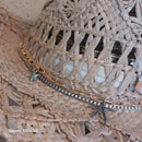 Détail décor Chapeau Billings Modèle 1 — chaînettes dorées et perles turquoise sur chapeau cowboy tressé ajouré — ineva
