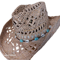 Chapeau cowboy tressé ajouré Billings Modèle 3 — lanières coquillages et perles turquoise, unisexe — ineva
