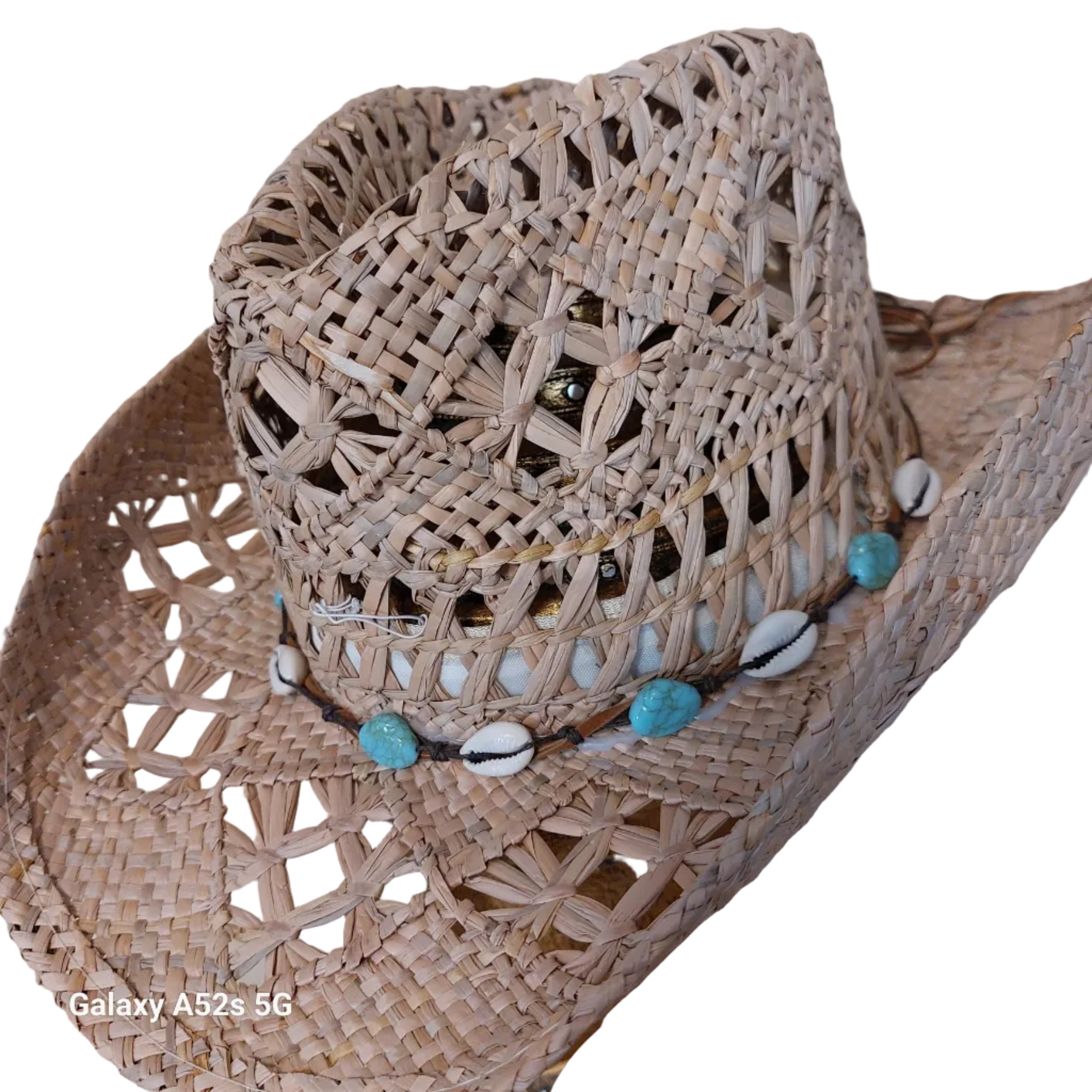 Chapeau cowboy tressé ajouré Billings Modèle 3 — lanières coquillages et perles turquoise, unisexe — ineva
