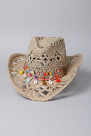 Chapeau cowboy tressé ajouré Billings Modèle 7 — galon multicolore, pompons colorés et coquillages cauri, unisexe — ineva
