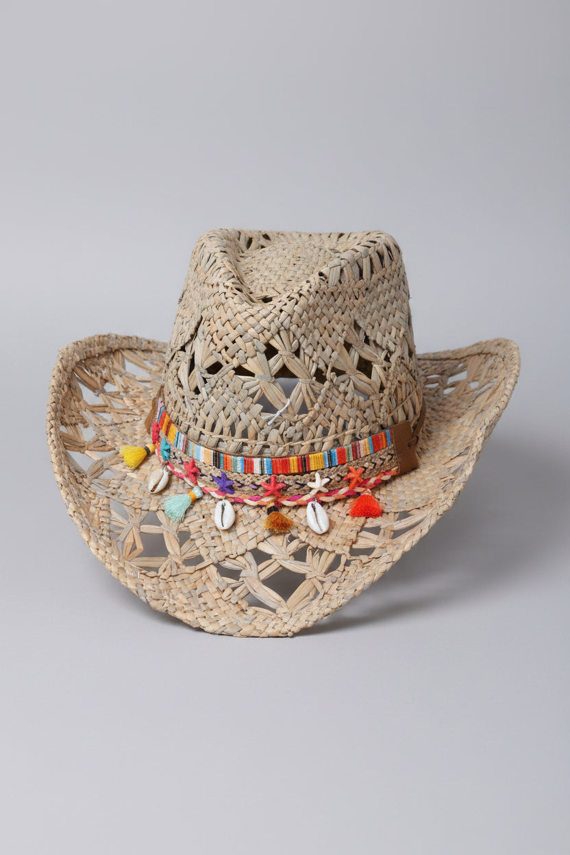 Chapeau cowboy tressé ajouré Billings Modèle 7 — galon multicolore, pompons colorés et coquillages cauri, unisexe — ineva

