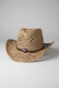 Chapeau cowboy tressé ajouré Billings Modèle 8 — lacet perles bois et tête de buffle acier argenté, unisexe — ineva
