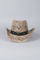 Chapeau cowboy tressé ajouré Billings Modèle 9 — galon faux cuir noir, tête de buffle bronze et rivets, unisexe — ineva
