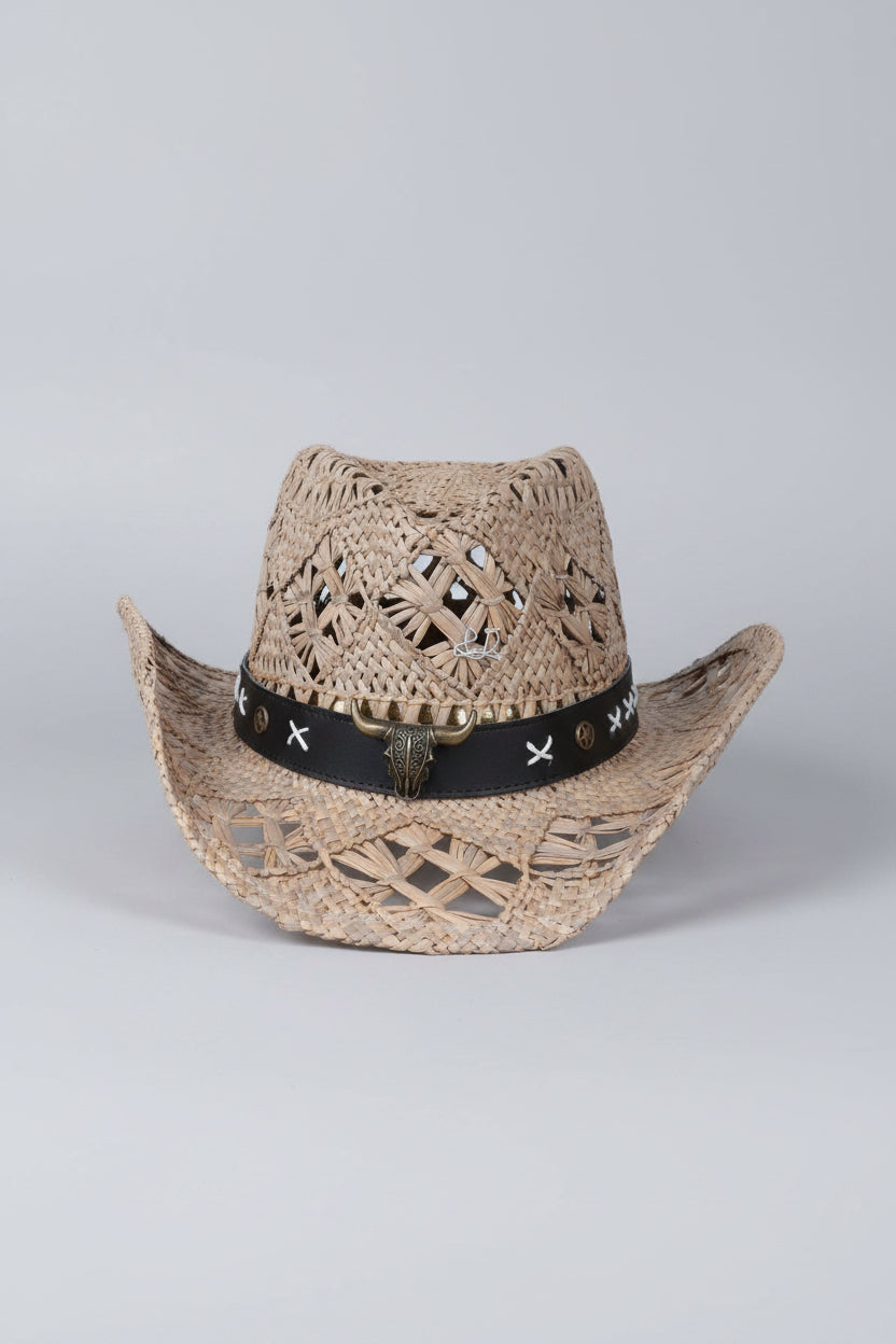 Chapeau cowboy tressé ajouré Billings Modèle 9 — galon faux cuir noir, tête de buffle bronze et rivets, unisexe — ineva
