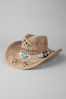 Chapeau cowboy tressé ajouré Billings Modèle 5 — galon macramé blanc, cabochon turquoise et perles bois, unisexe — ineva
