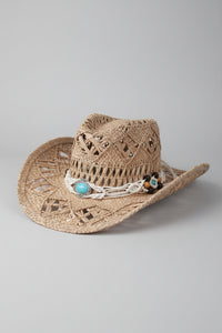 Chapeau cowboy tressé ajouré Billings Modèle 5 — galon macramé blanc, cabochon turquoise et perles bois, unisexe — ineva
