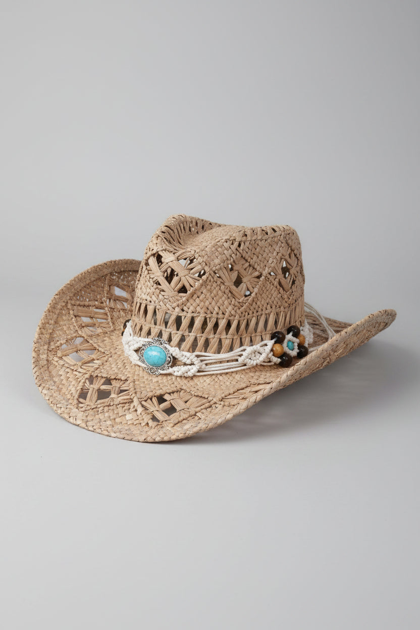 Chapeau cowboy tressé ajouré Billings Modèle 5 — galon macramé blanc, cabochon turquoise et perles bois, unisexe — ineva
