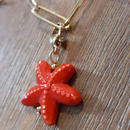 charm ou breloque avec un petit fermoir pour ajouter à un collier où à un bracelet en accumulation personnalisé. il represente une étoile de mer dodue et rouge en acier inoxydable sur martigues