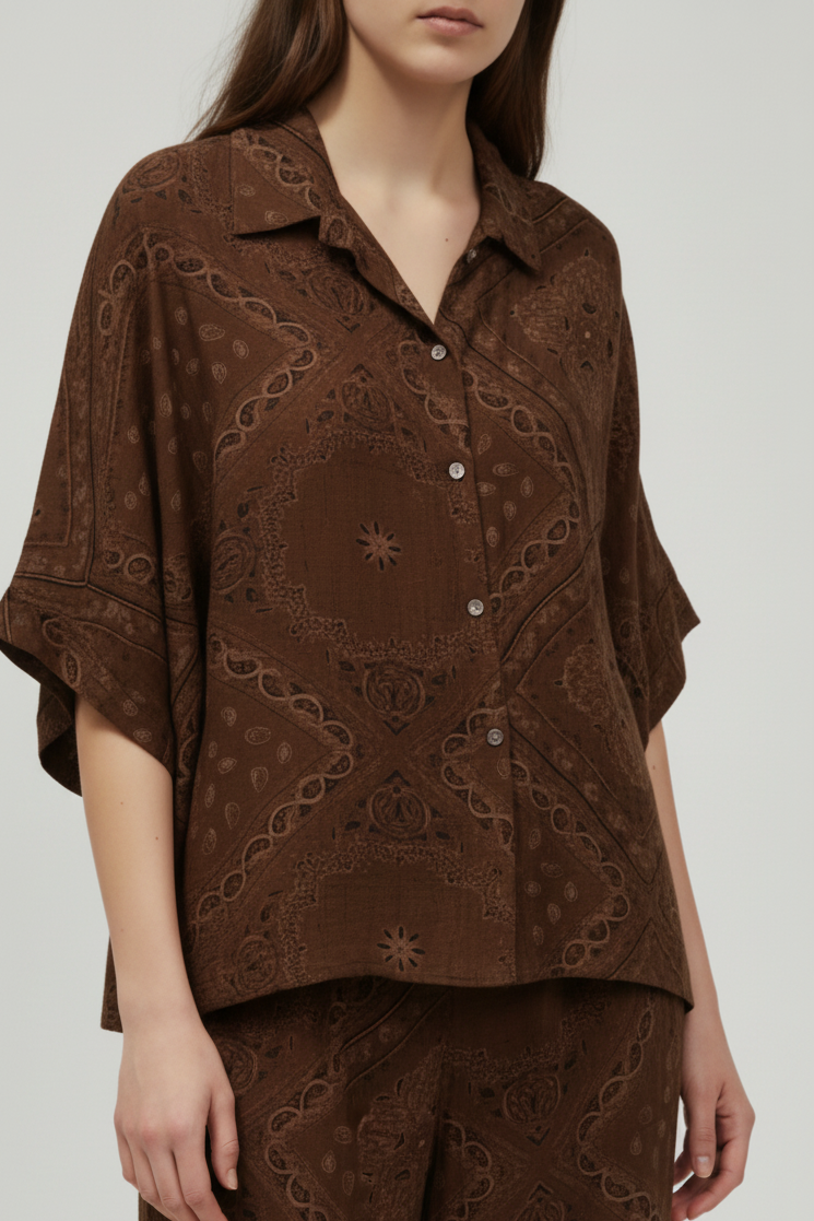 Chemise ample imprimé bandana Coline terracotta manches 3/4 portée - ineva