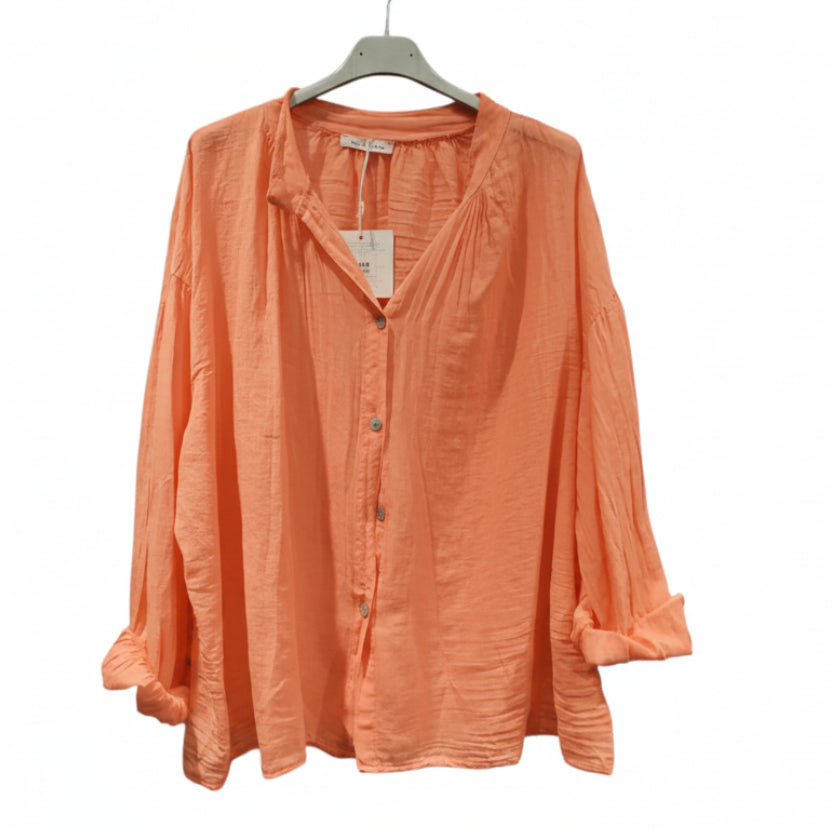 Chemise blouse voile coton Cosma orange col mao manches longues - vue de face - ineva