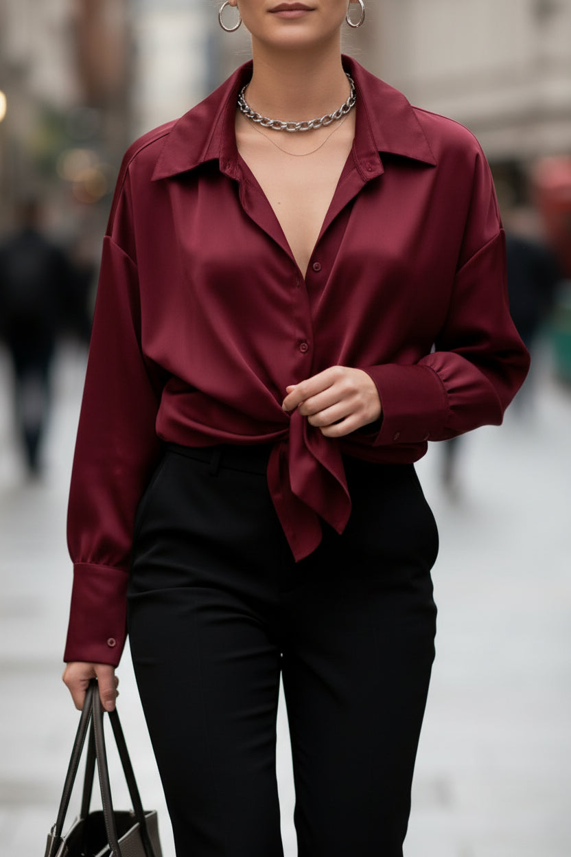 Chemise Satinée Gloria — Unie Manches Longues Col Chemise Made in Italy