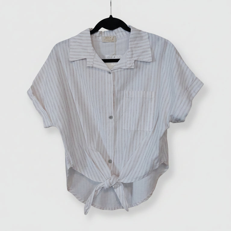 Chemise Rayée Coton Lin Maelle — Manches Courtes Pattes à Nouer Femme