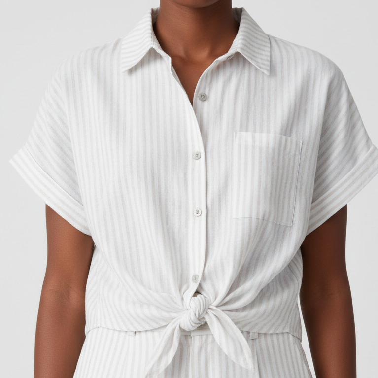 Femme portant la chemise Maelle beige nouée look estival chic - ineva