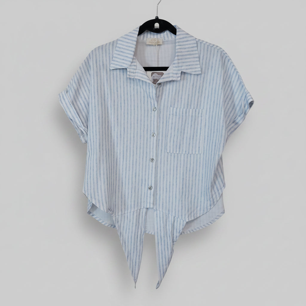 Détail pattes à nouer chemise Maelle rayée coton lin - ineva