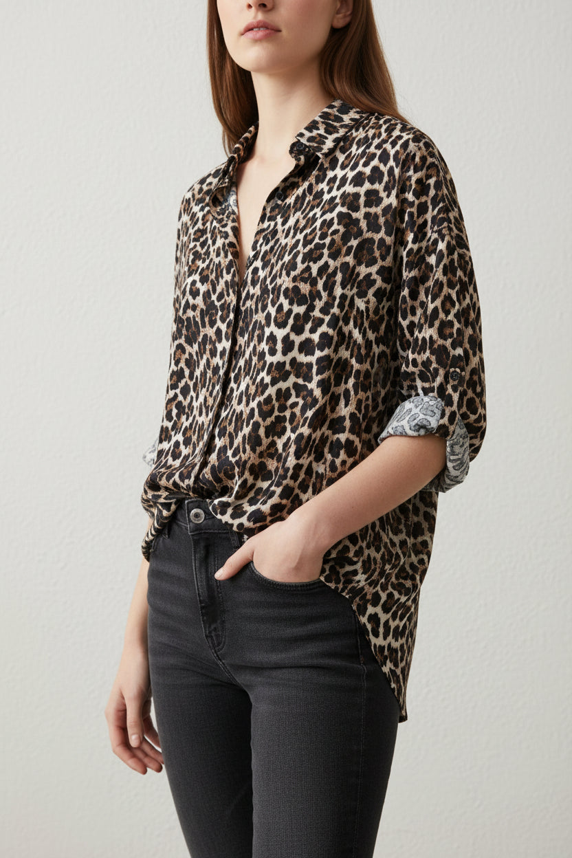 Chemise Viscose Melissa — Imprimé Léopard Manches Retroussables Made in Italy