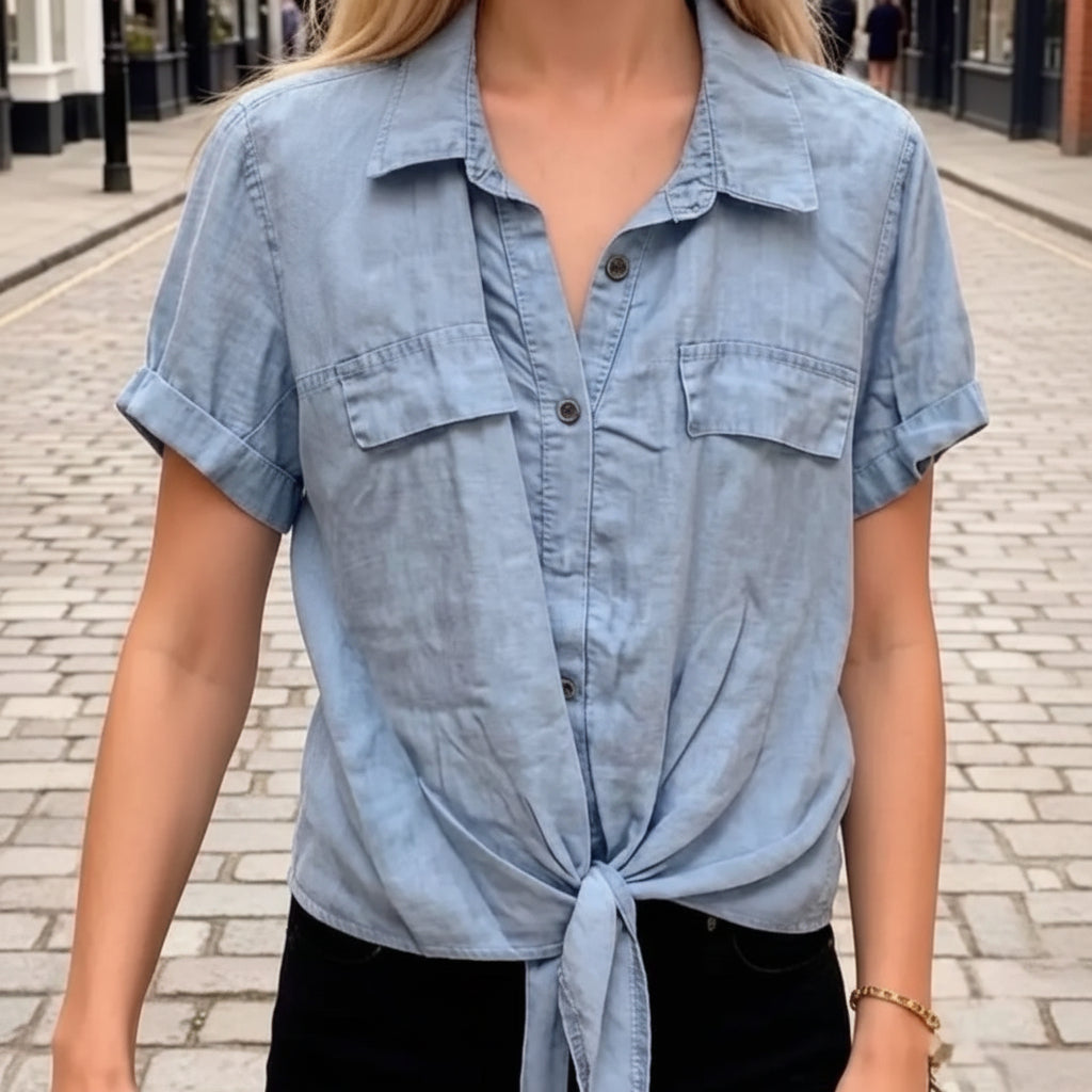 Chemise One Tencel Manches Courtes Nouée – Fausses Poches, Bleu Jean, Taille Unique 36-42