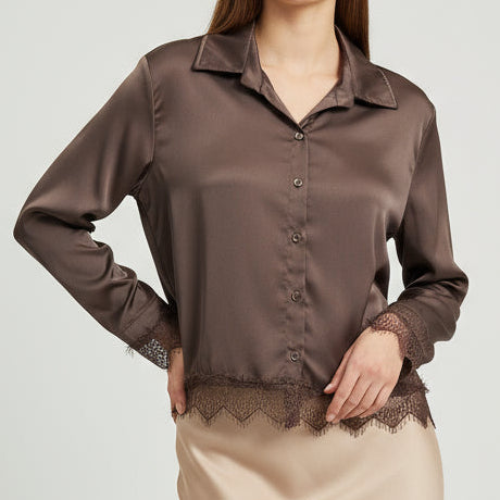 Chemisier Femme Satiné Alex - Manches Longues Dentelle Noir