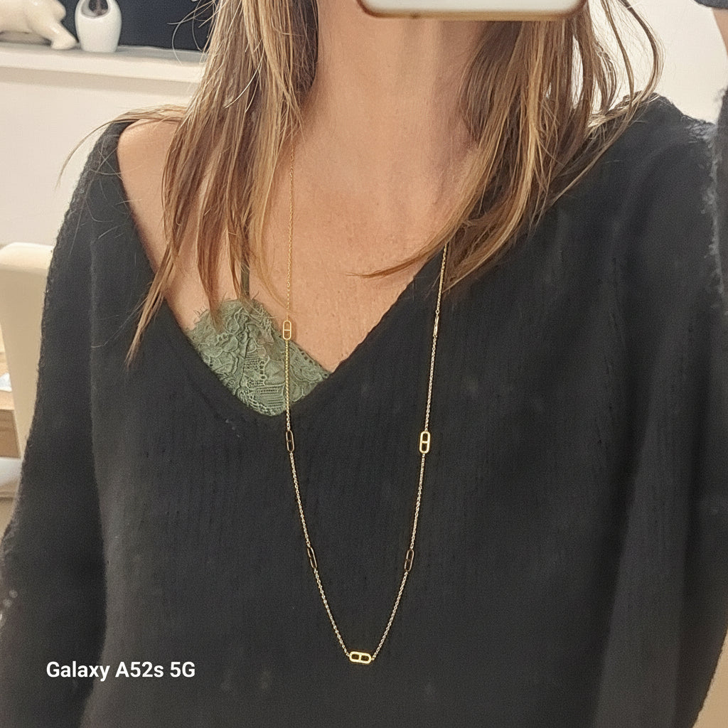 Collier Sautoir Halifax Acier Inoxydable Doré 84cm - Pastilles Effet H