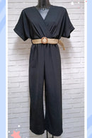 Combi longue fluide et droite avec decolleté croisé manches kimono et ceinture large traissée éastique et boucle ronde coloris noire sur aix en provence