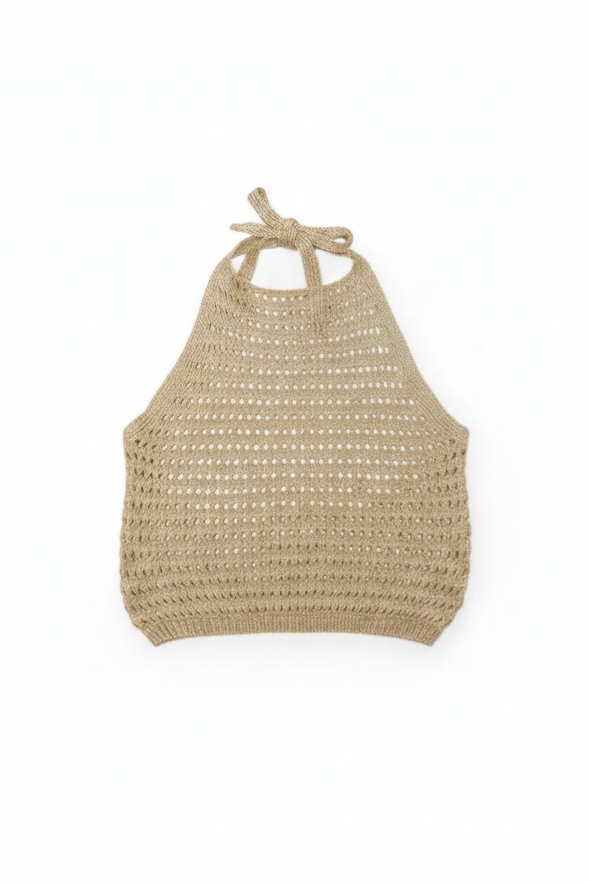 Crop-top crochet irisé Swan beige — ajouré dos nu lurex bohème — taille unique 34-40 made in Italy — ineva
