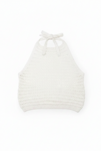 Crop-top crochet irisé Swan blanc — ajouré dos nu lurex bohème — taille unique 34-40 made in Italy — ineva
