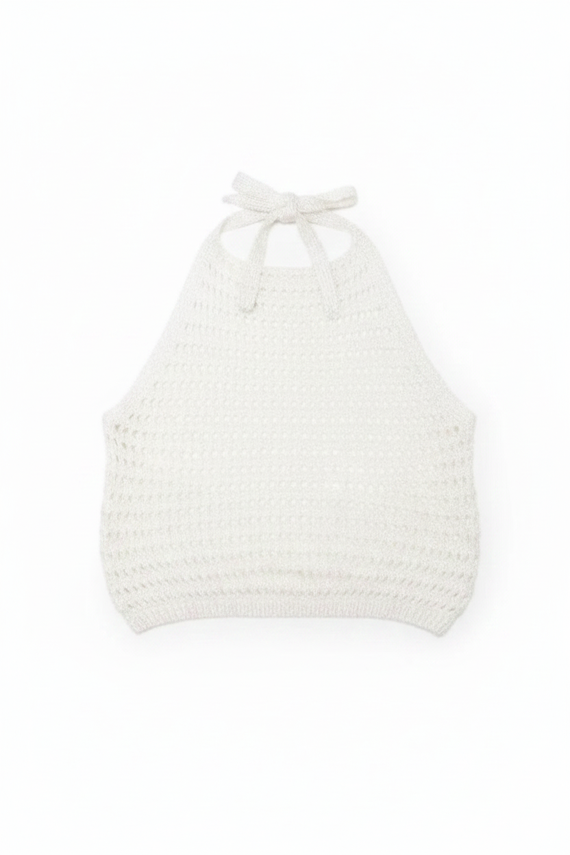 Crop-top crochet irisé Swan blanc — ajouré dos nu lurex bohème — taille unique 34-40 made in Italy — ineva
