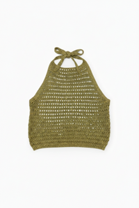 Crop-top crochet irisé Swan kaki — ajouré dos nu lurex bohème — taille unique 34-40 made in Italy — ineva

