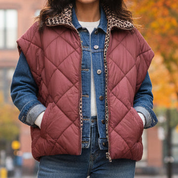 Doudoune ALIX Sans Manches Femme | Réversible Léopard | Oversized