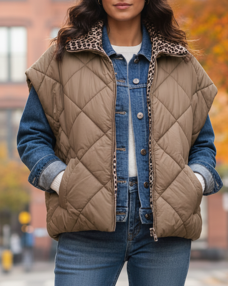Doudoune ALIX Sans Manches Femme | Réversible Léopard | Oversized