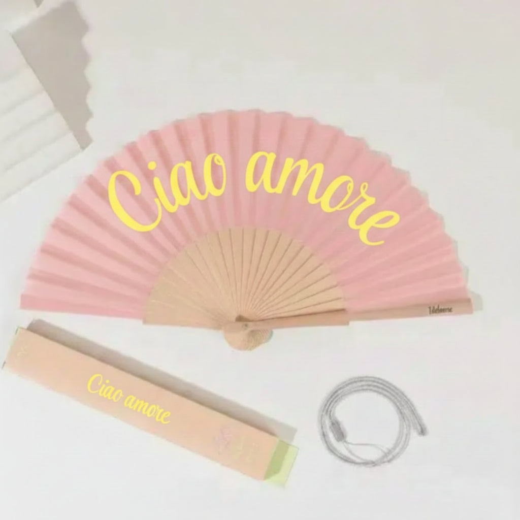Éventail Abanito ouvert message Ciao amore – col rose poudré, éventail bois été