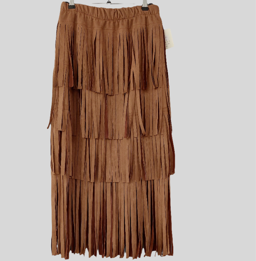 Jupe Longue MONICA Suédine à Franges - Taille Élastiquée 34/40 - Style Bohème Chic