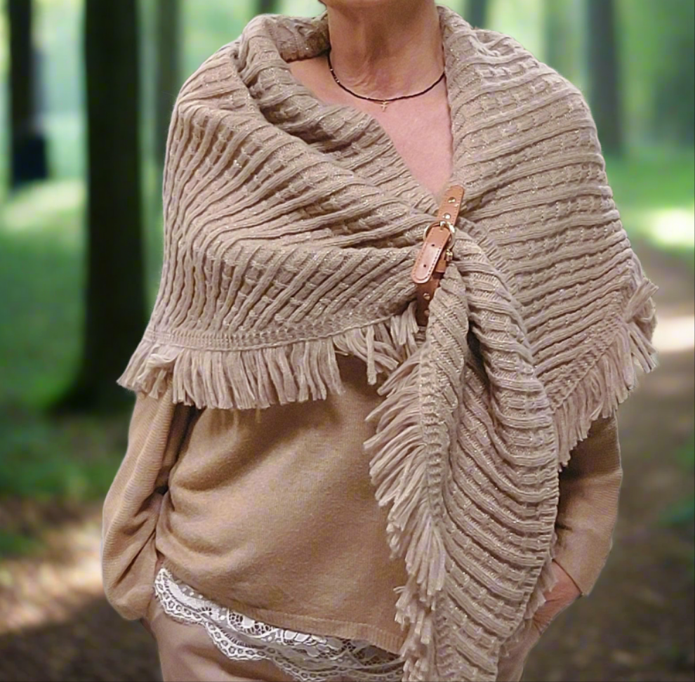Châle PONCH Maille Fantaisie Fil Doré - Étole Femme Triangle avec Ceinturon - Taille Unique