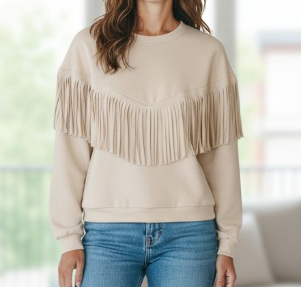 Sweat DOLE Femme à Franges Style Cowgirl - Col Rond Manches Longues - Taille 34/42