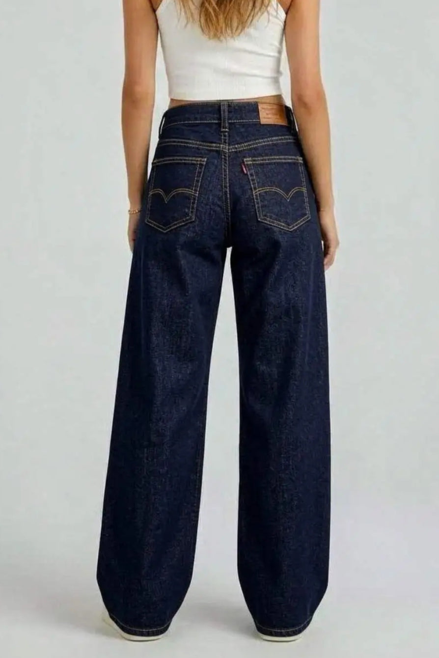 Jean Ballon Liam — Taille Haute Denim Brut Coutures Camel Made in Italy